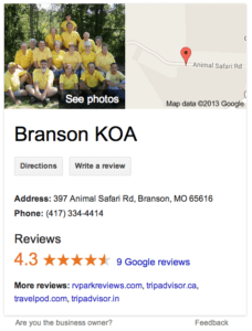 Google Places Listing for a Campground