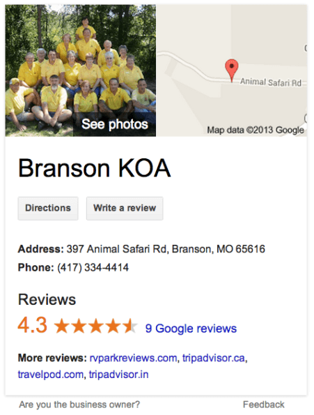 Google Places Listing for a Campground Google Places Listing for a Campground