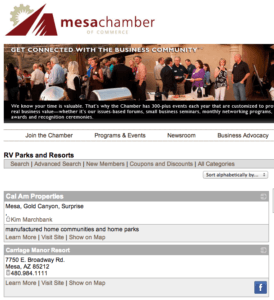 An example of a Chamber of Commerce with an "RV Parks and Resorts" Page Source: mesachamber.org